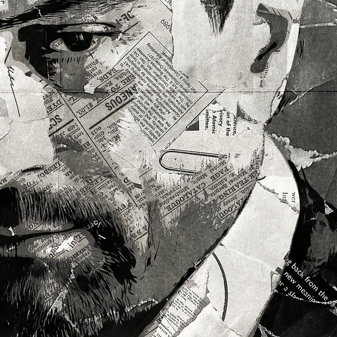 A Neil McCauley (Heat) / Robert De Niro poster design - a portrait of De Niro made using a collage of torn pieces of magazine pages in black and white.