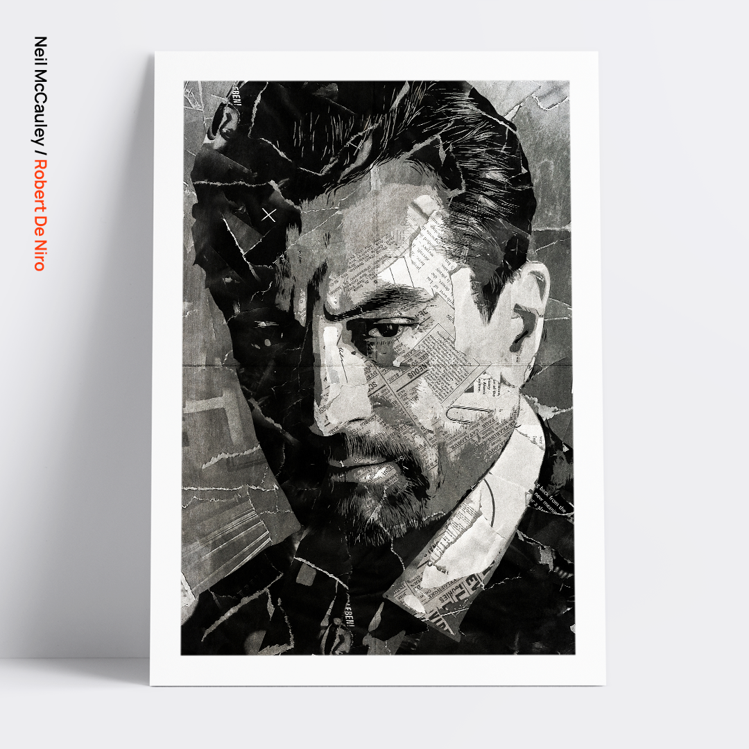 A Neil McCauley (Heat) / Robert De Niro poster design - a portrait of De Niro made using a collage of torn pieces of magazine pages in black and white.