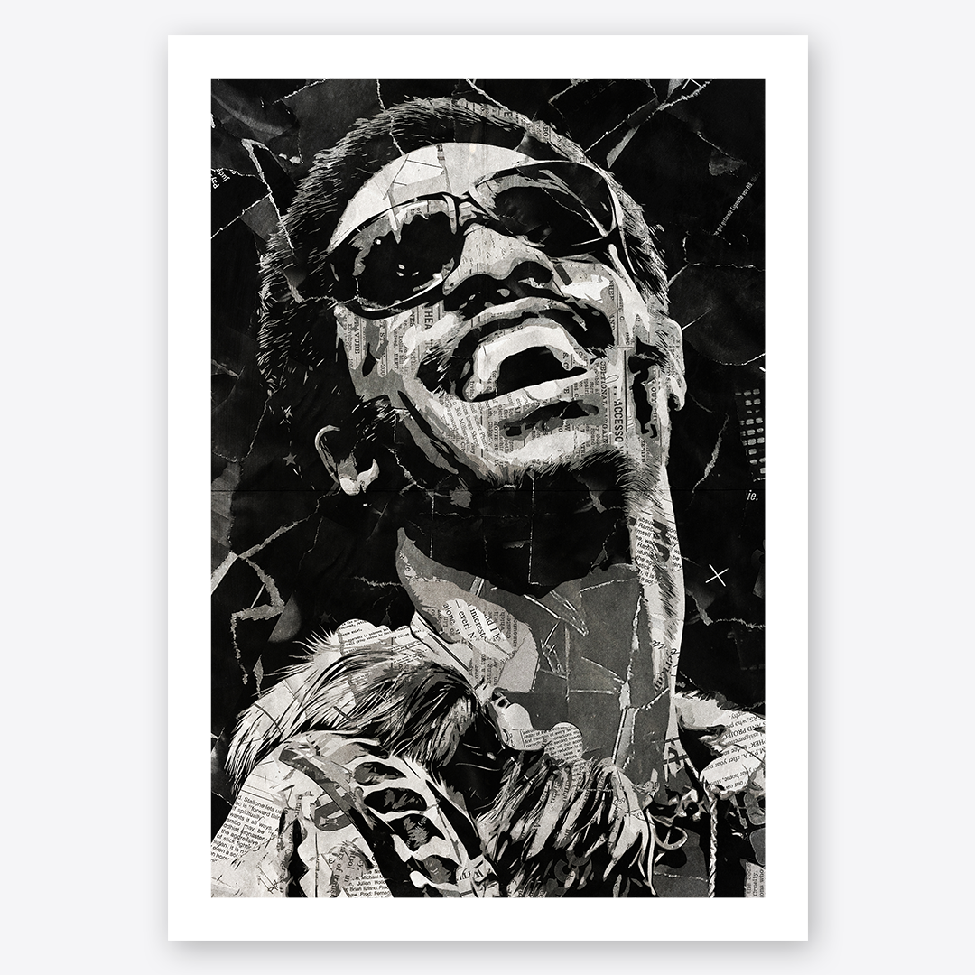 A Stevie Wonder poster design - a portrait of Stevie made using a collage of torn pieces of magazine pages in black and white.