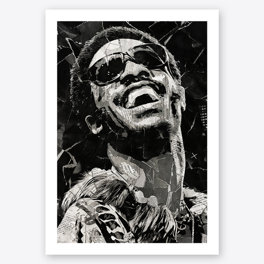 A Stevie Wonder poster design - a portrait of Stevie made using a collage of torn pieces of magazine pages in black and white.