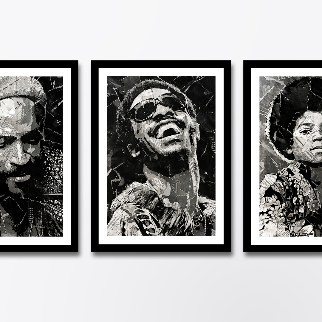 A Stevie Wonder poster design - a portrait of Stevie made using a collage of torn pieces of magazine pages in black and white.
