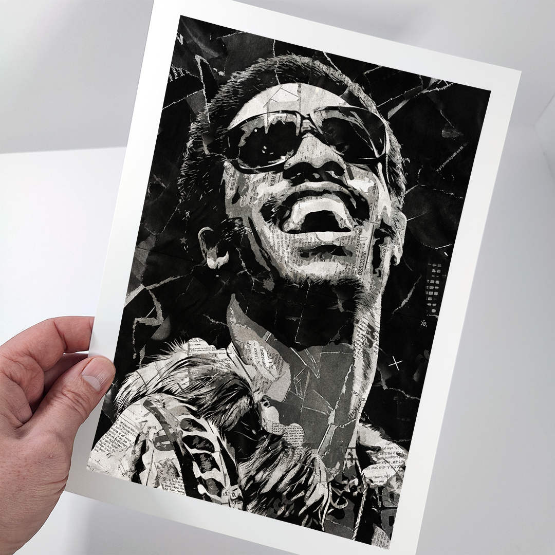 A Stevie Wonder poster design - a portrait of Stevie made using a collage of torn pieces of magazine pages in black and white.