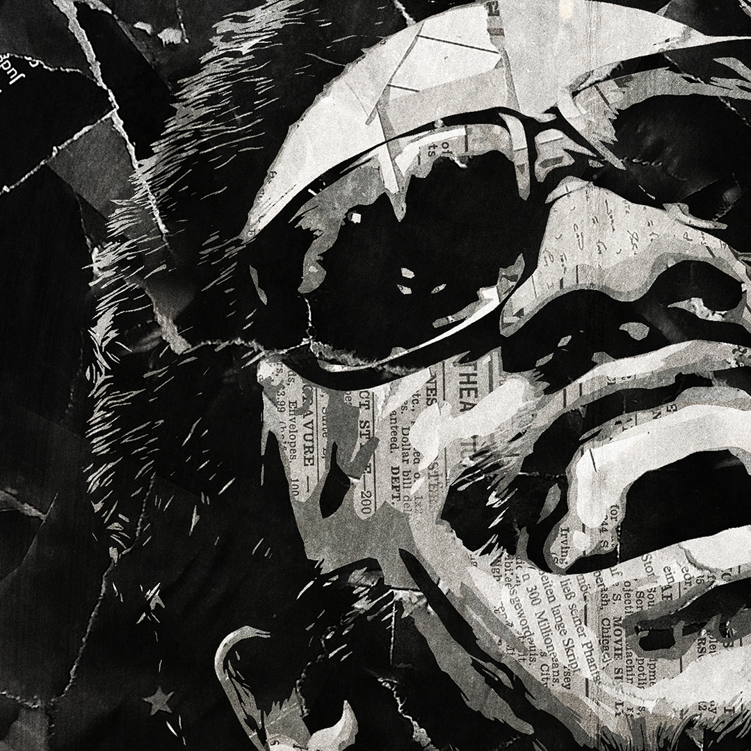 A Stevie Wonder poster design - a portrait of Stevie made using a collage of torn pieces of magazine pages in black and white.