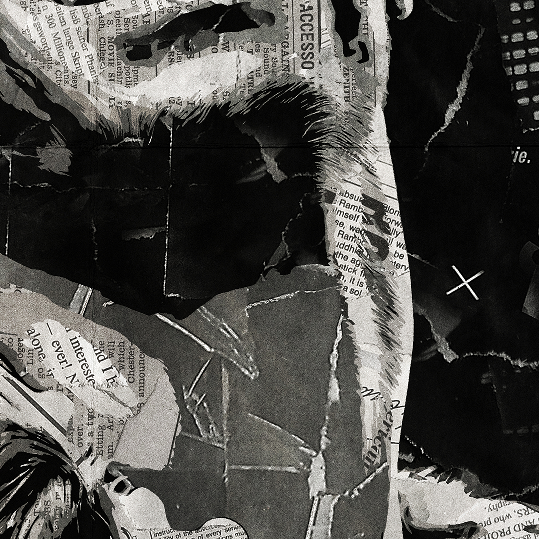 A Stevie Wonder poster design - a portrait of Stevie made using a collage of torn pieces of magazine pages in black and white.