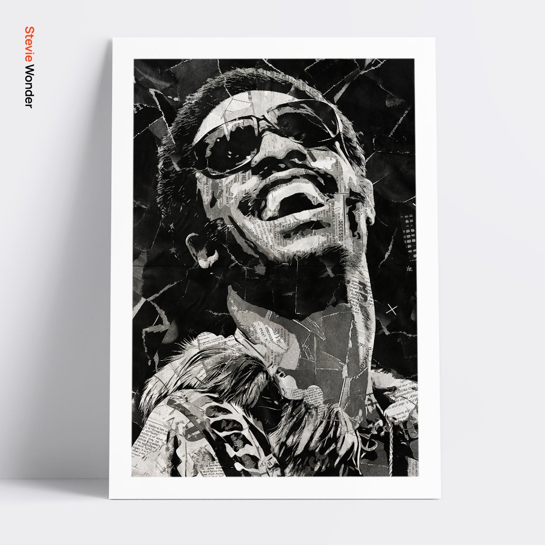 A Stevie Wonder poster design - a portrait of Stevie made using a collage of torn pieces of magazine pages in black and white.