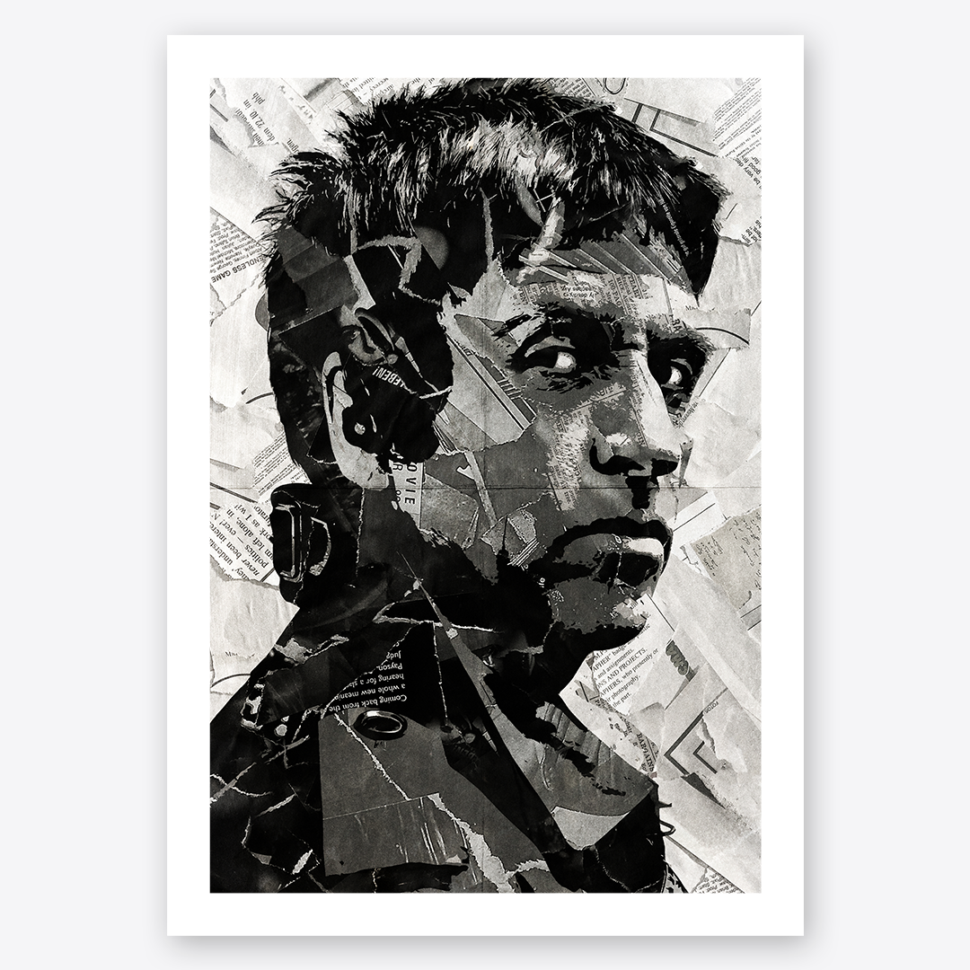 A Johnny Marr poster design - a portrait of Johnny made using a collage of torn pieces of magazine pages in black and white.
