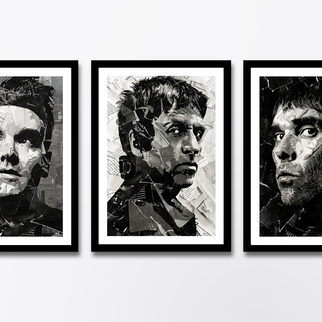 A Johnny Marr poster design - a portrait of Johnny made using a collage of torn pieces of magazine pages in black and white.