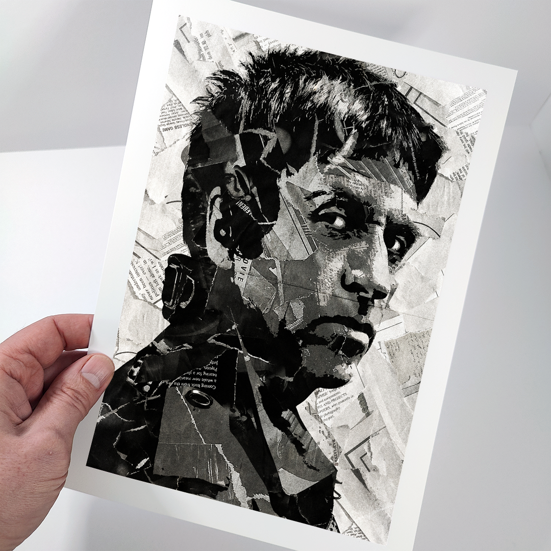 A Johnny Marr poster design - a portrait of Johnny made using a collage of torn pieces of magazine pages in black and white.
