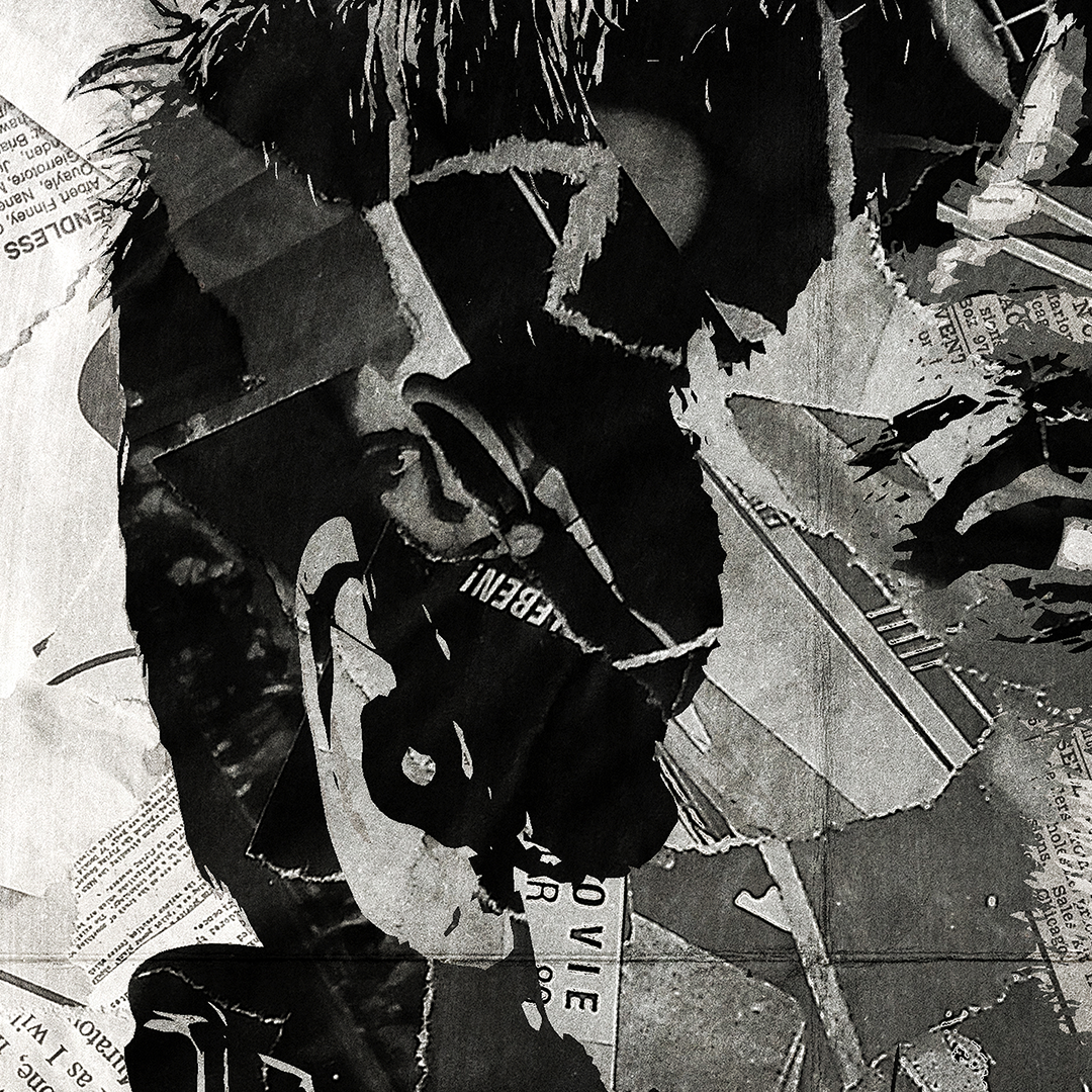 A Johnny Marr poster design - a portrait of Johnny made using a collage of torn pieces of magazine pages in black and white.