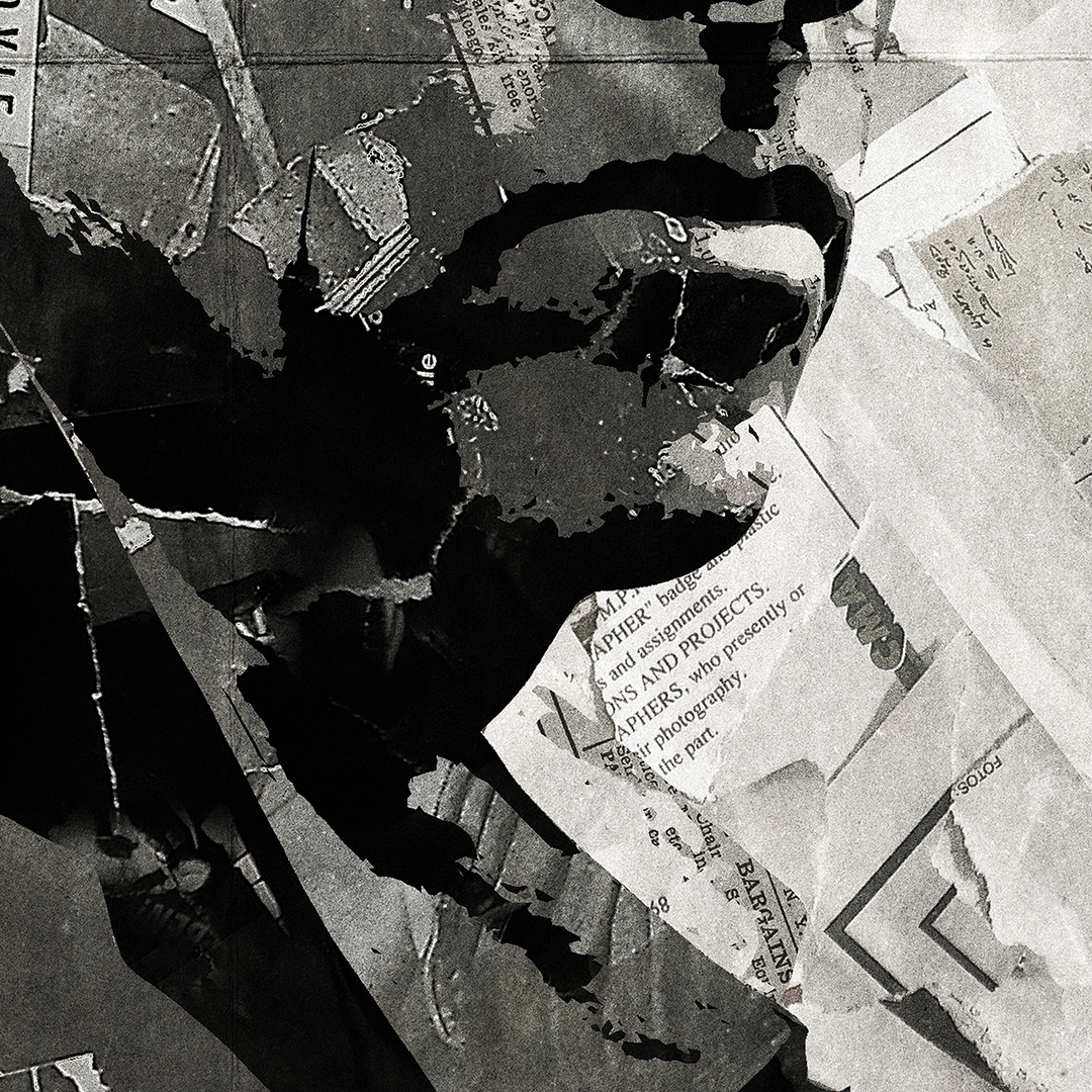 A Johnny Marr poster design - a portrait of Johnny made using a collage of torn pieces of magazine pages in black and white.