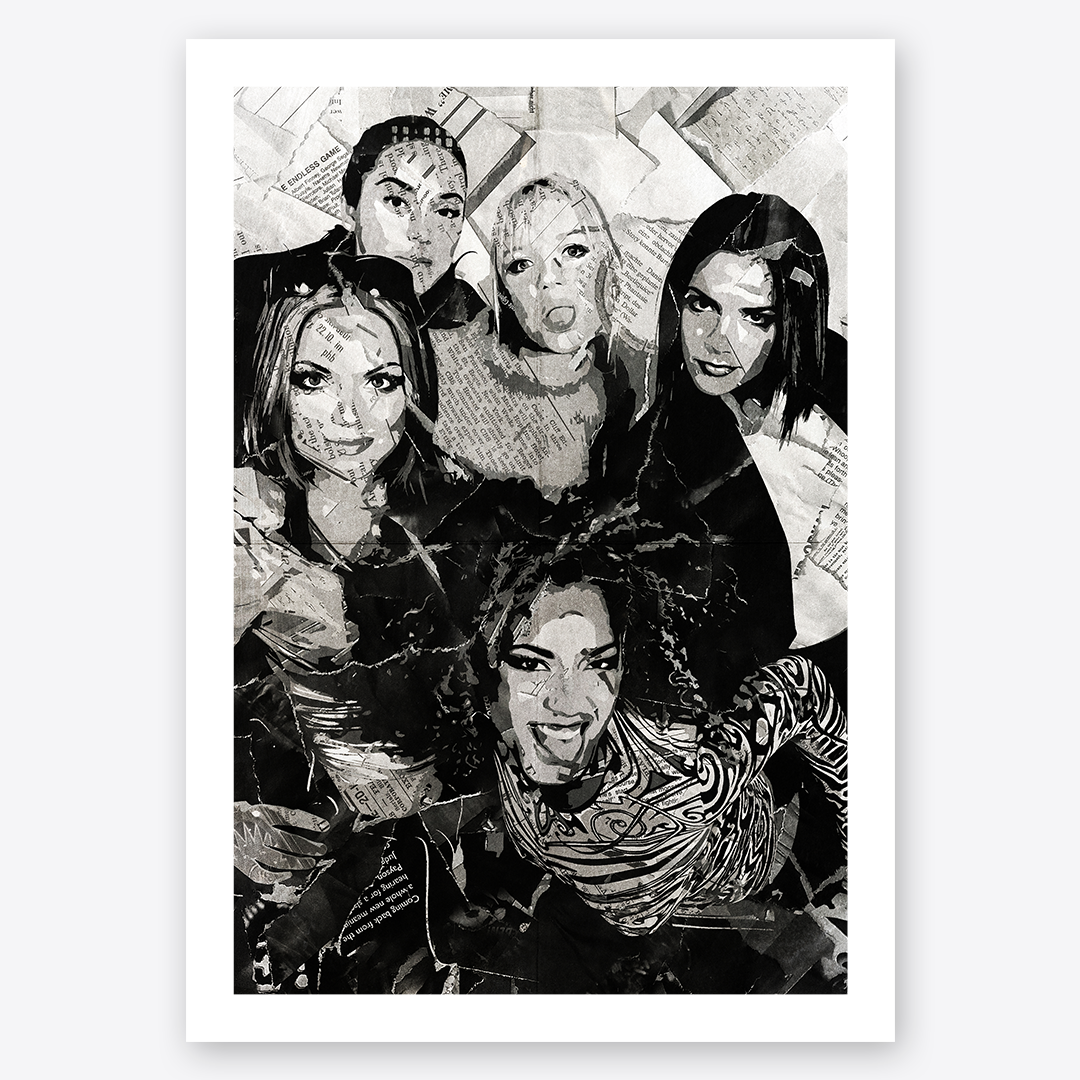 A Spice Girls poster design - a portrait of the Scary, Posh, Sporty, Baby & Ginger made using a collage of torn pieces of magazine pages in black and white.