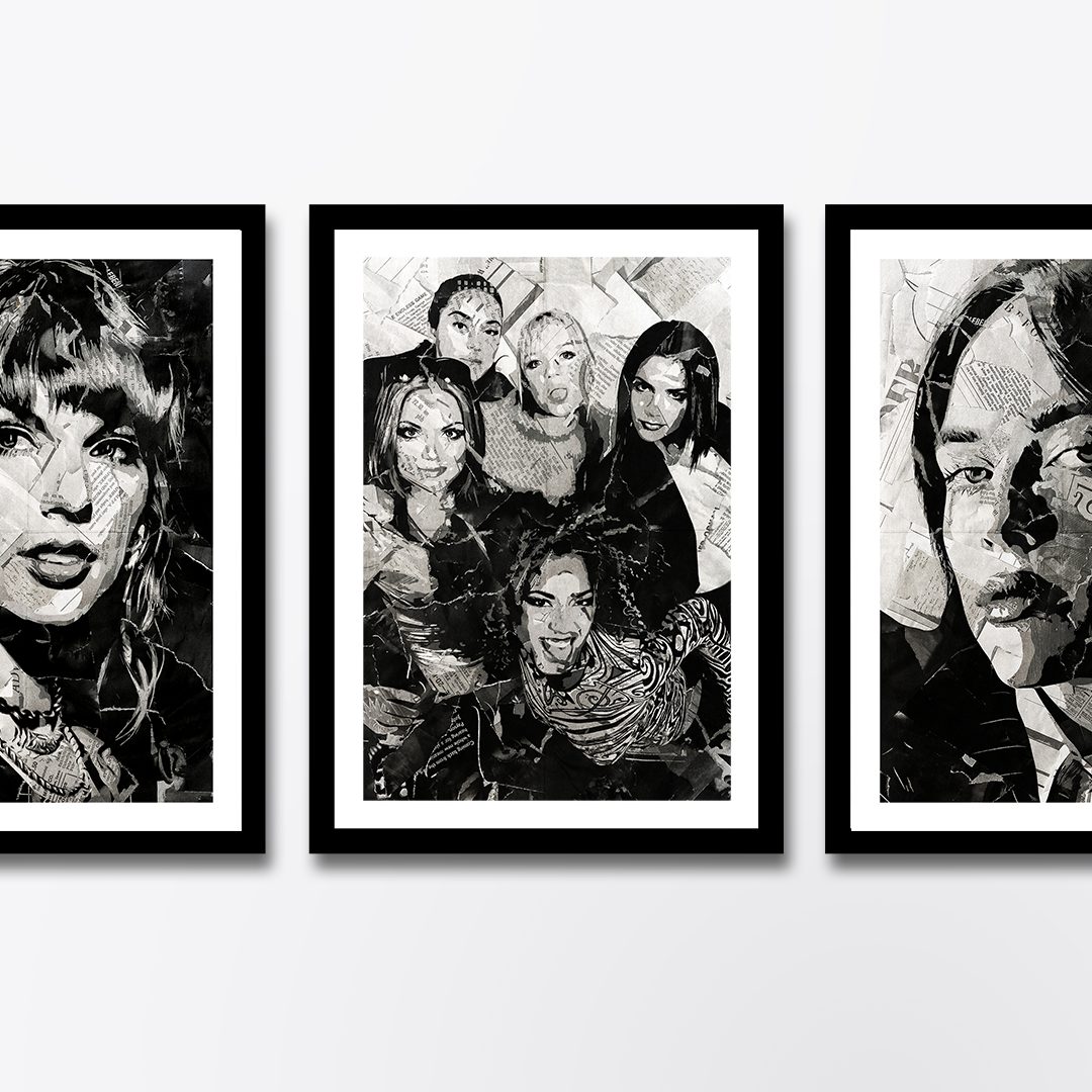 A Spice Girls poster design - a portrait of the Scary, Posh, Sporty, Baby & Ginger made using a collage of torn pieces of magazine pages in black and white.