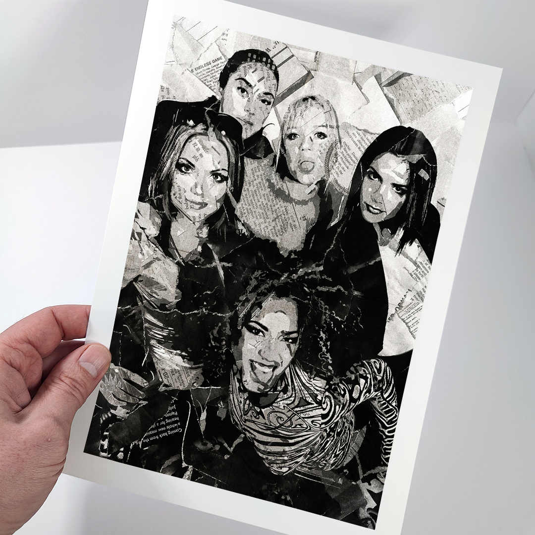 A Spice Girls poster design - a portrait of the Scary, Posh, Sporty, Baby & Ginger made using a collage of torn pieces of magazine pages in black and white.