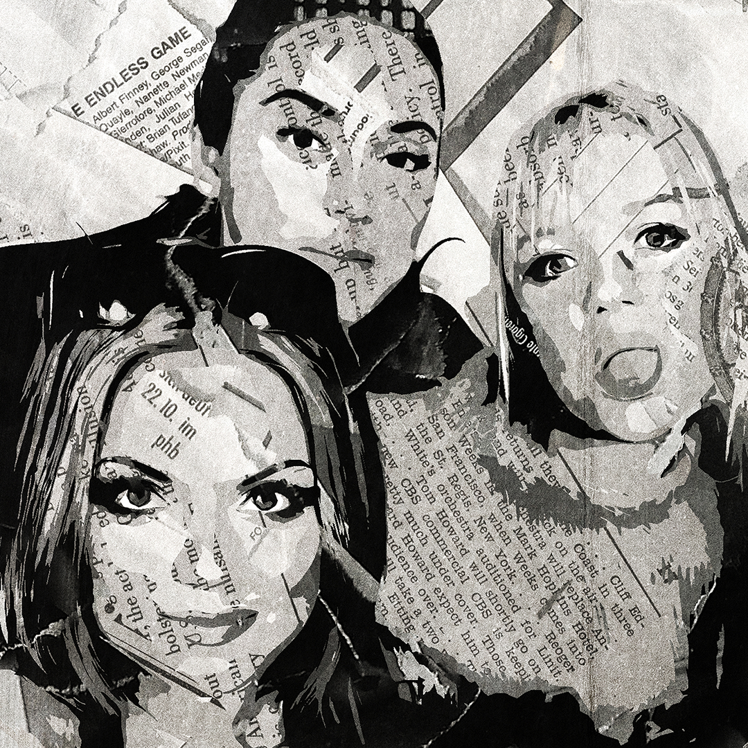 A Spice Girls poster design - a portrait of the Scary, Posh, Sporty, Baby & Ginger made using a collage of torn pieces of magazine pages in black and white.