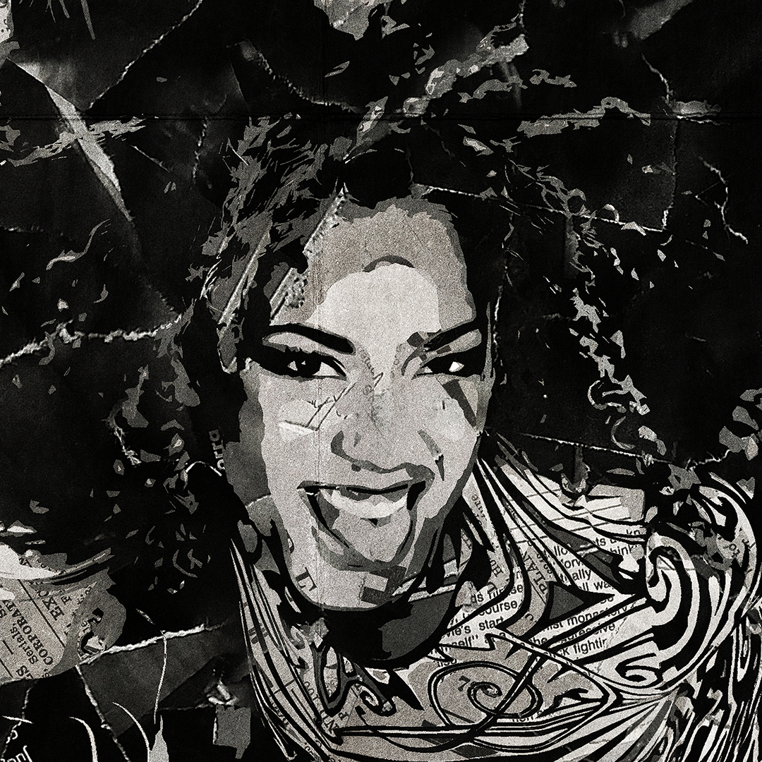 A Spice Girls poster design - a portrait of the Scary, Posh, Sporty, Baby & Ginger made using a collage of torn pieces of magazine pages in black and white.