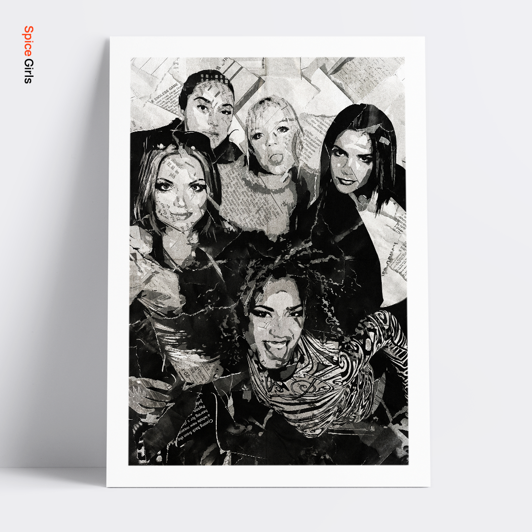 A Spice Girls poster design - a portrait of the Scary, Posh, Sporty, Baby & Ginger made using a collage of torn pieces of magazine pages in black and white.