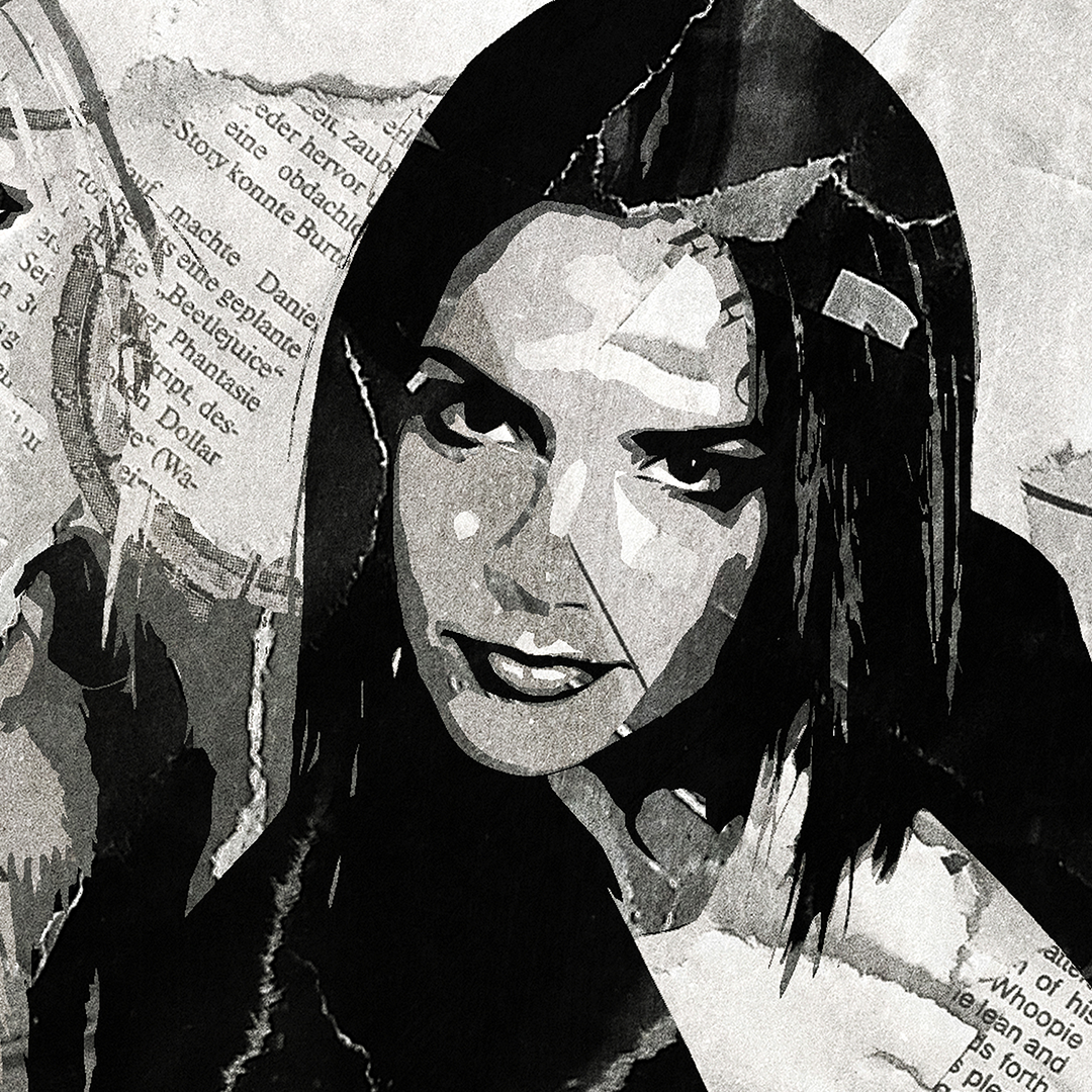 A Spice Girls poster design - a portrait of the Scary, Posh, Sporty, Baby & Ginger made using a collage of torn pieces of magazine pages in black and white.