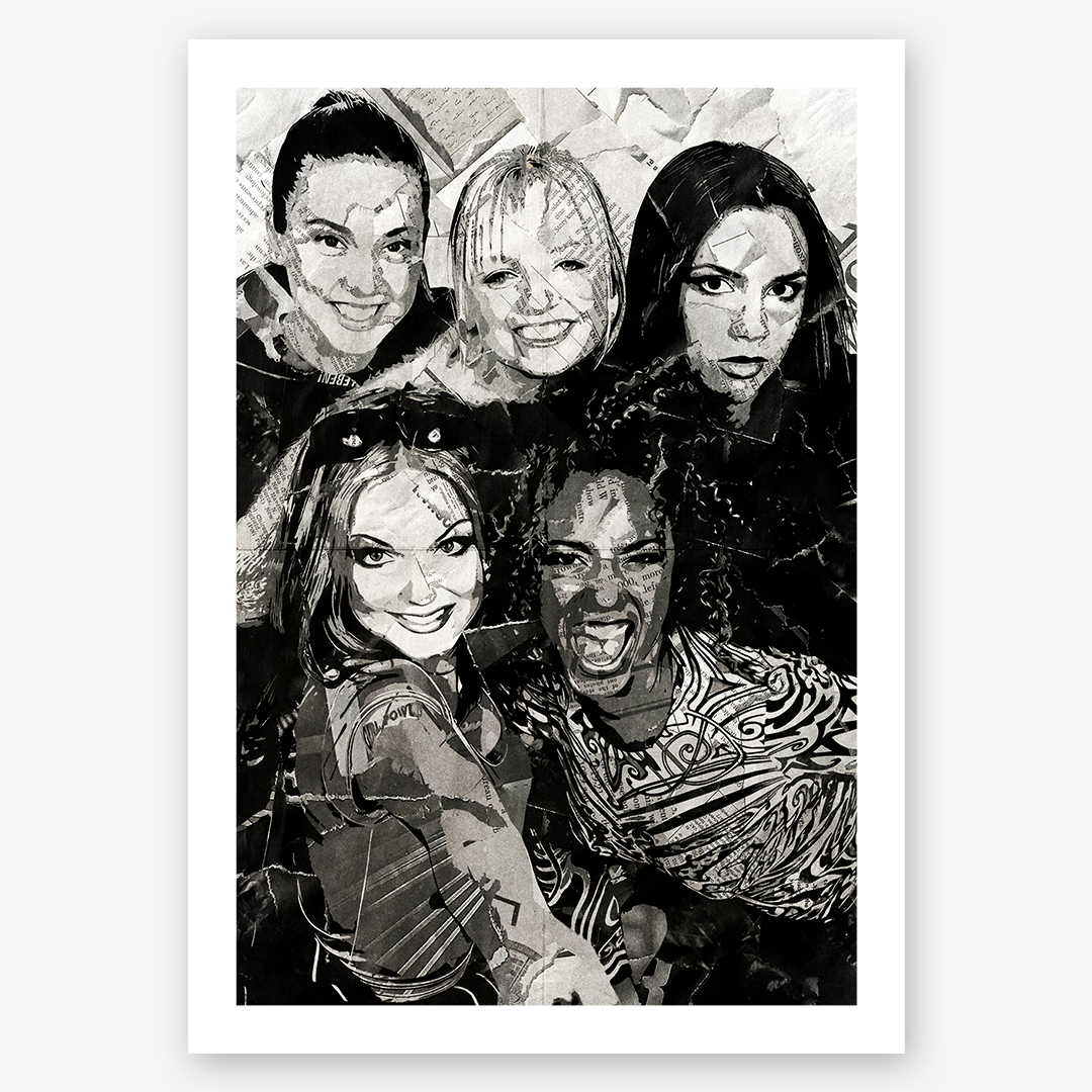 A Spice Girls poster design - a portrait of the Scary, Posh, Sporty, Baby & Ginger made using a collage of torn pieces of magazine pages in black and white.