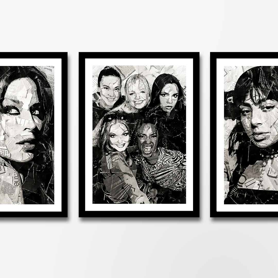 A Spice Girls poster design - a portrait of the Scary, Posh, Sporty, Baby & Ginger made using a collage of torn pieces of magazine pages in black and white.