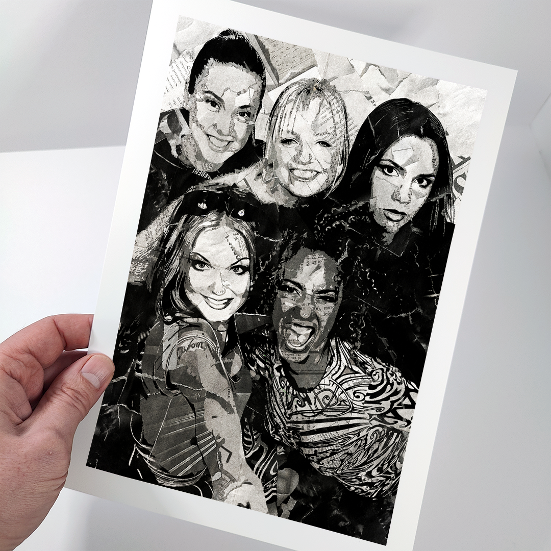 A Spice Girls poster design - a portrait of the Scary, Posh, Sporty, Baby & Ginger made using a collage of torn pieces of magazine pages in black and white.
