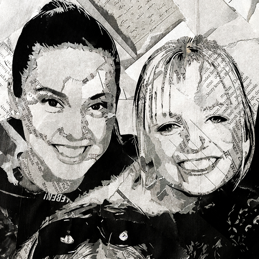 A Spice Girls poster design - a portrait of the Scary, Posh, Sporty, Baby & Ginger made using a collage of torn pieces of magazine pages in black and white.