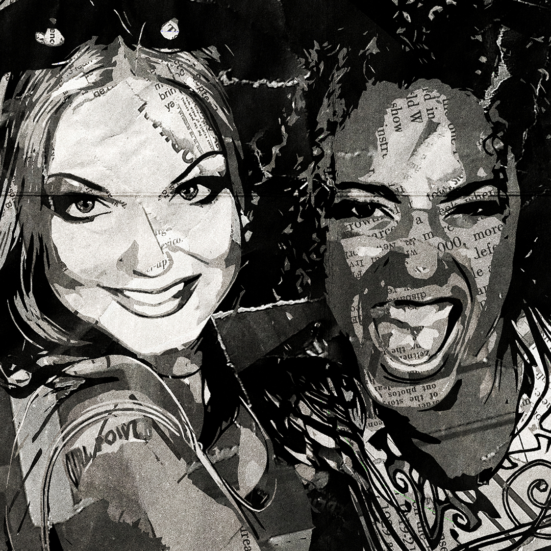 A Spice Girls poster design - a portrait of the Scary, Posh, Sporty, Baby & Ginger made using a collage of torn pieces of magazine pages in black and white.
