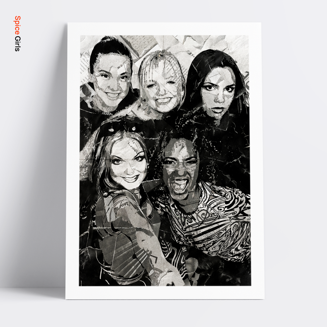A Spice Girls poster design - a portrait of the Scary, Posh, Sporty, Baby & Ginger made using a collage of torn pieces of magazine pages in black and white.