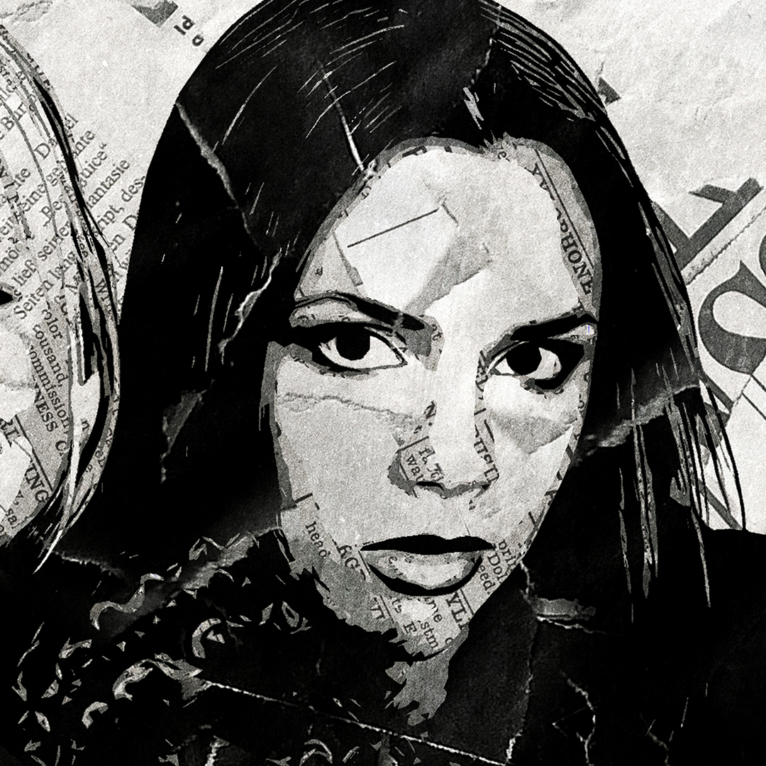 A Spice Girls poster design - a portrait of the Scary, Posh, Sporty, Baby & Ginger made using a collage of torn pieces of magazine pages in black and white.