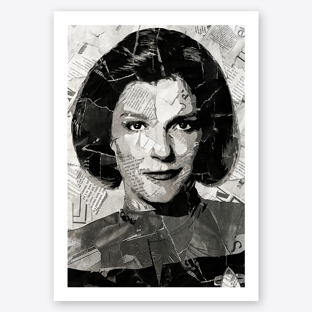 A Kathryn Janeway / Kate Mulgrew poster design - a portrait of Captain Janeway made using a collage of torn pieces of magazine pages in black and white.