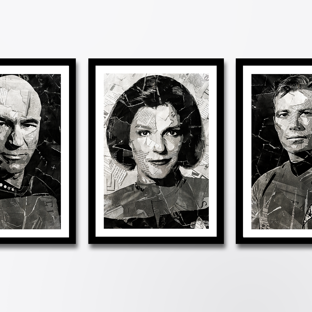 A Kathryn Janeway / Kate Mulgrew poster design - a portrait of Captain Janeway made using a collage of torn pieces of magazine pages in black and white.