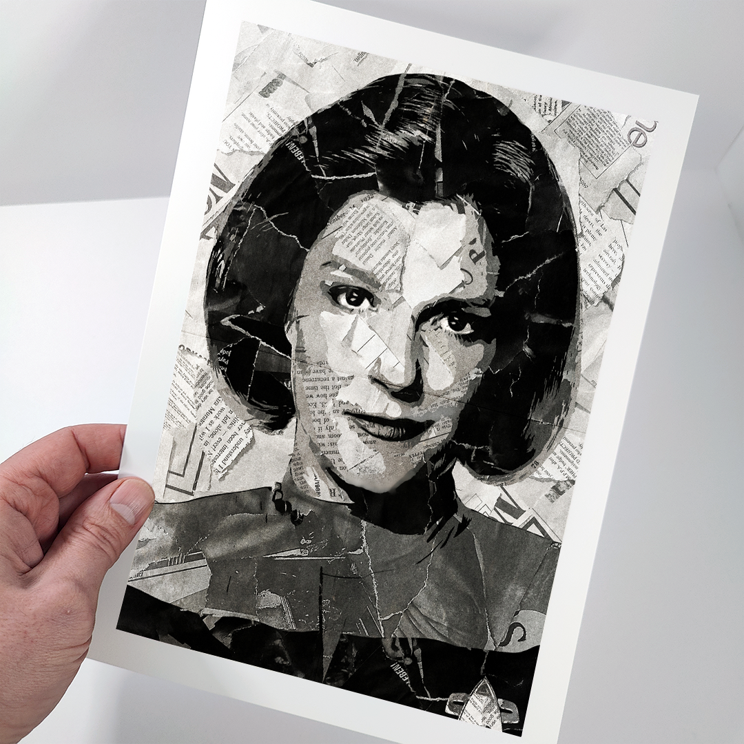 A Kathryn Janeway / Kate Mulgrew poster design - a portrait of Captain Janeway made using a collage of torn pieces of magazine pages in black and white.