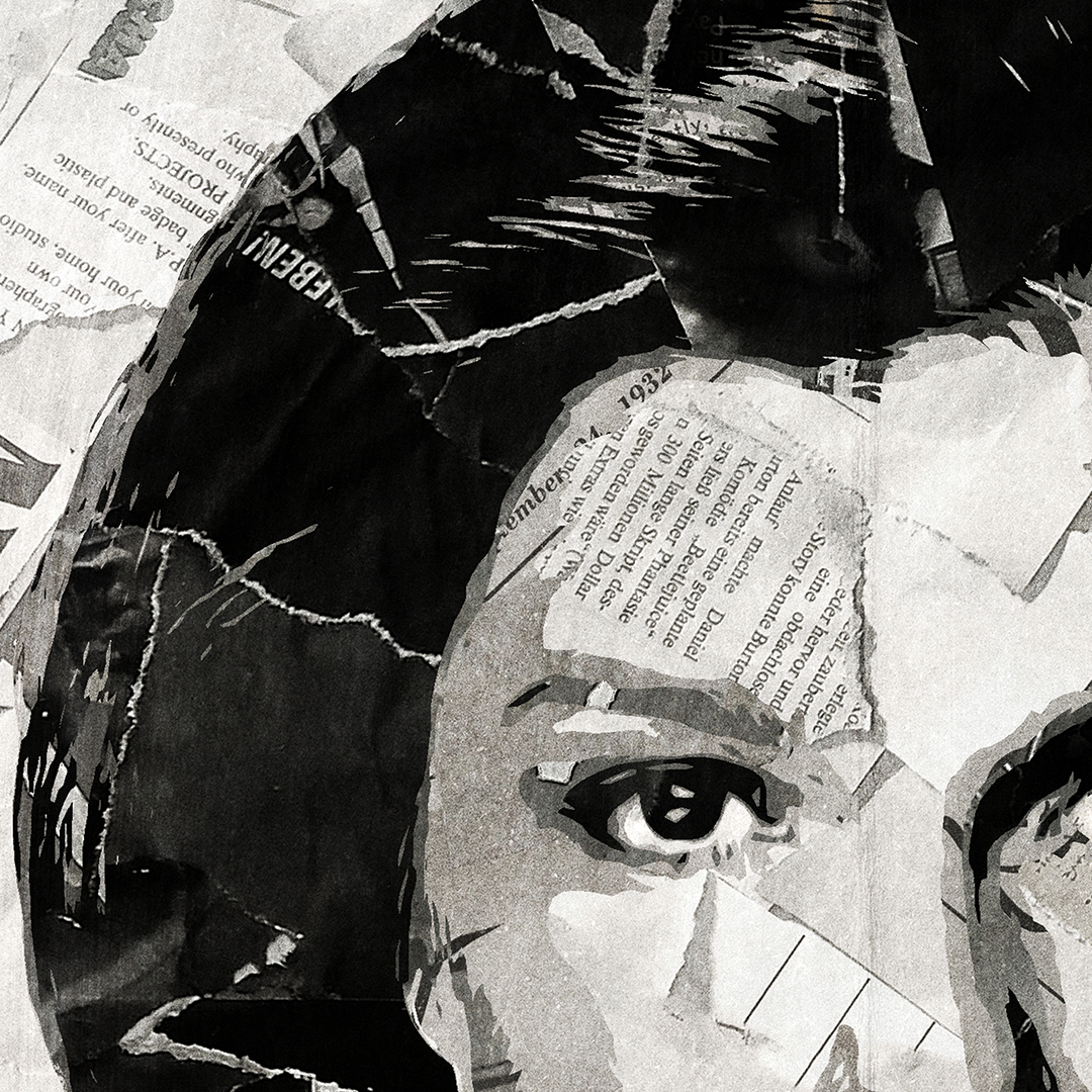 A Kathryn Janeway / Kate Mulgrew poster design - a portrait of Captain Janeway made using a collage of torn pieces of magazine pages in black and white.