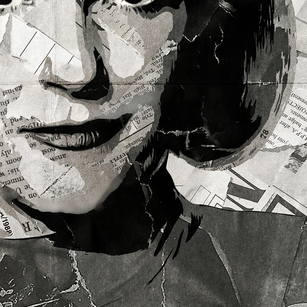 A Kathryn Janeway / Kate Mulgrew poster design - a portrait of Captain Janeway made using a collage of torn pieces of magazine pages in black and white.