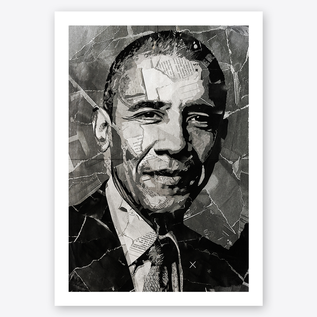 A Barack Obama poster design - a portrait of Obama made using a collage of torn pieces of magazine pages in black and white.