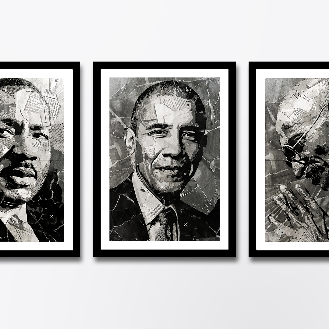 A Barack Obama poster design - a portrait of Obama made using a collage of torn pieces of magazine pages in black and white.