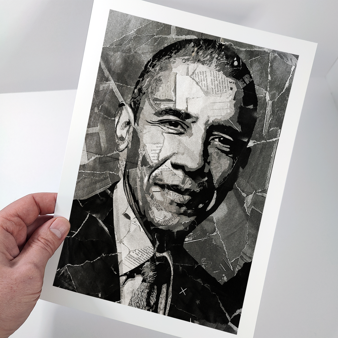 A Barack Obama poster design - a portrait of Obama made using a collage of torn pieces of magazine pages in black and white.