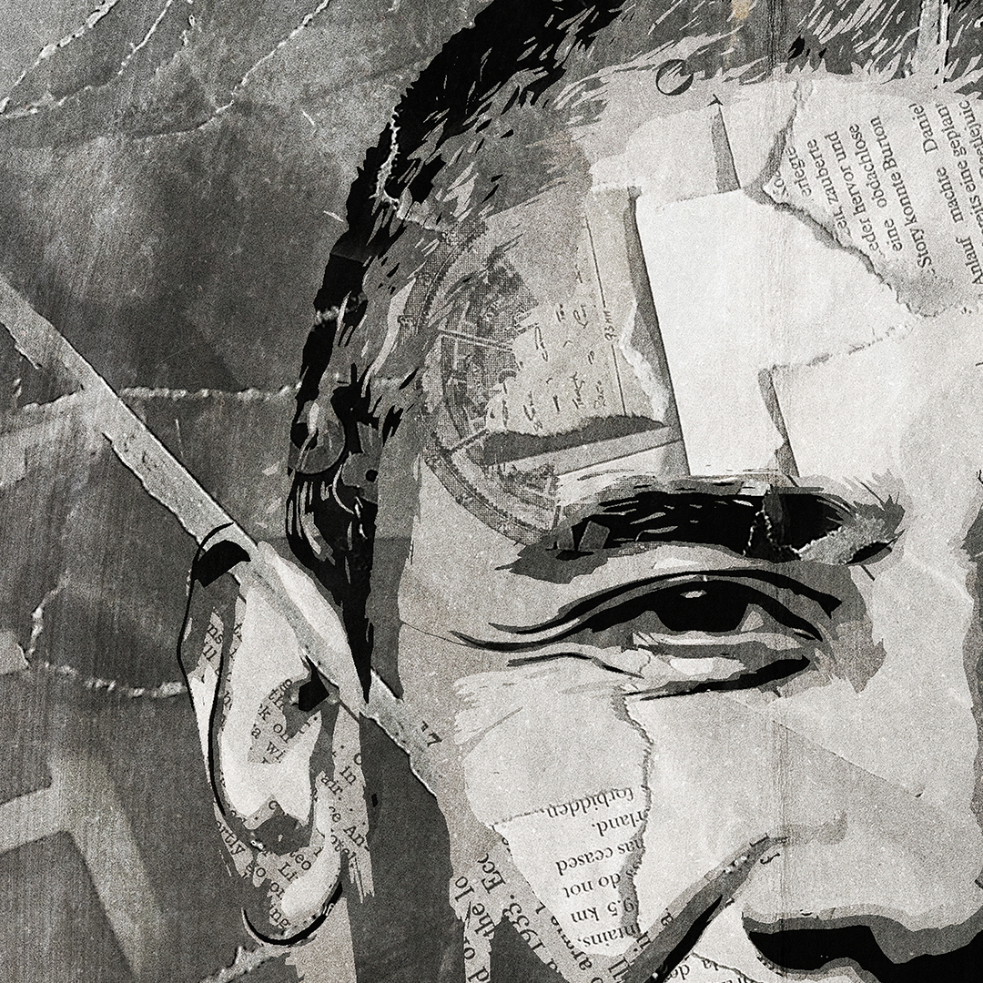 A Barack Obama poster design - a portrait of Obama made using a collage of torn pieces of magazine pages in black and white.
