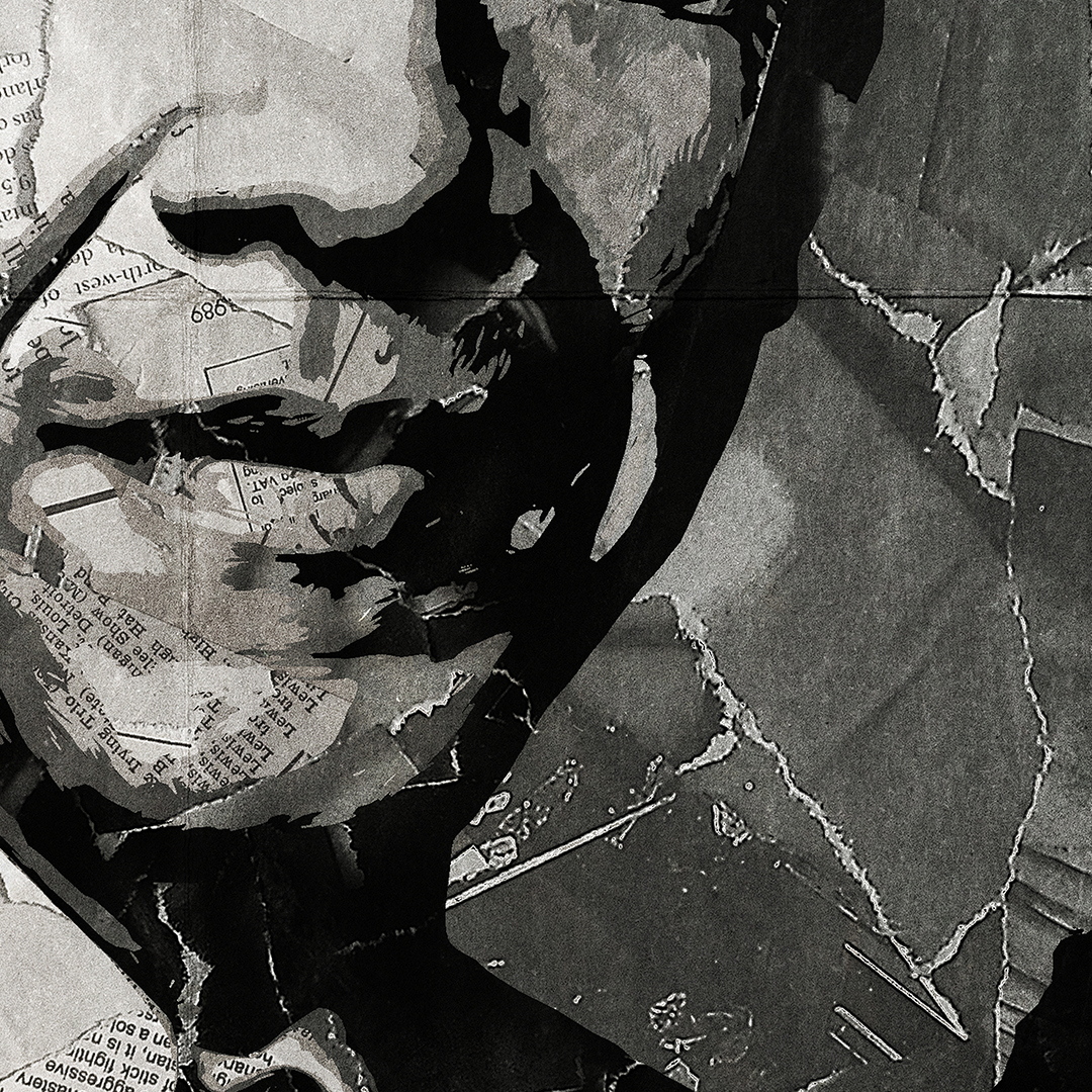 A Barack Obama poster design - a portrait of Obama made using a collage of torn pieces of magazine pages in black and white.