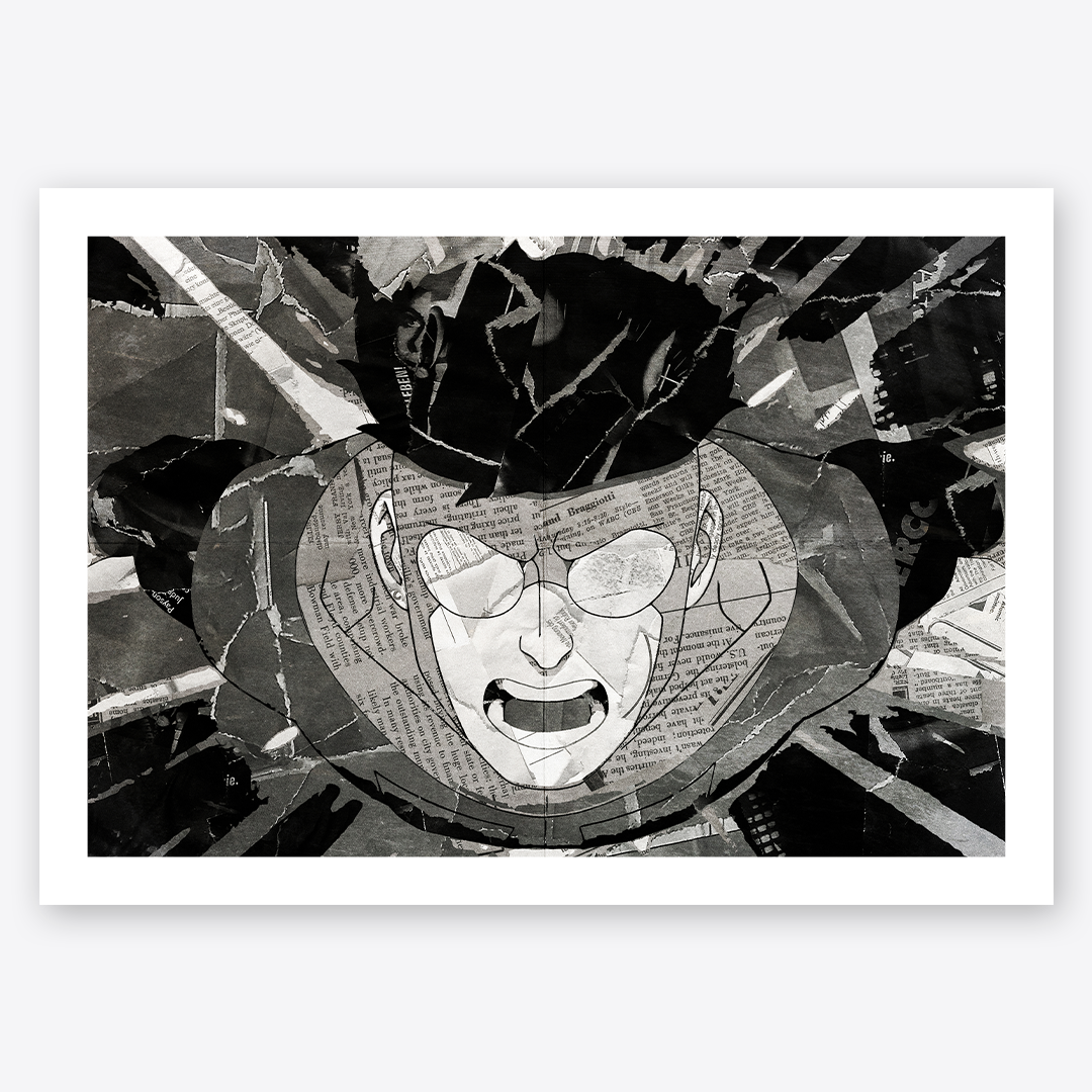 An Invincible poster design - a portrait of Invincible made using a collage of torn pieces of magazine pages in black and white.