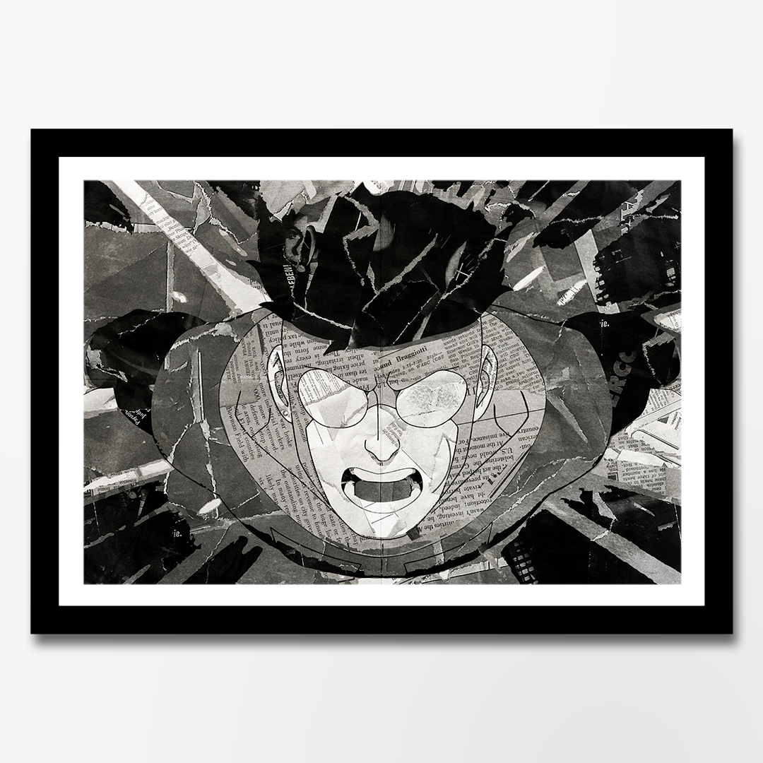 An Invincible poster design - a portrait of Invincible made using a collage of torn pieces of magazine pages in black and white.
