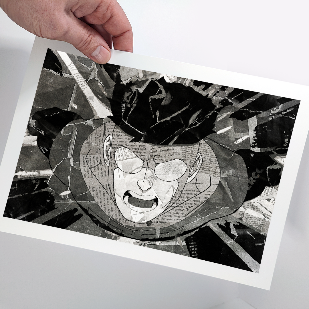 An Invincible poster design - a portrait of Invincible made using a collage of torn pieces of magazine pages in black and white.