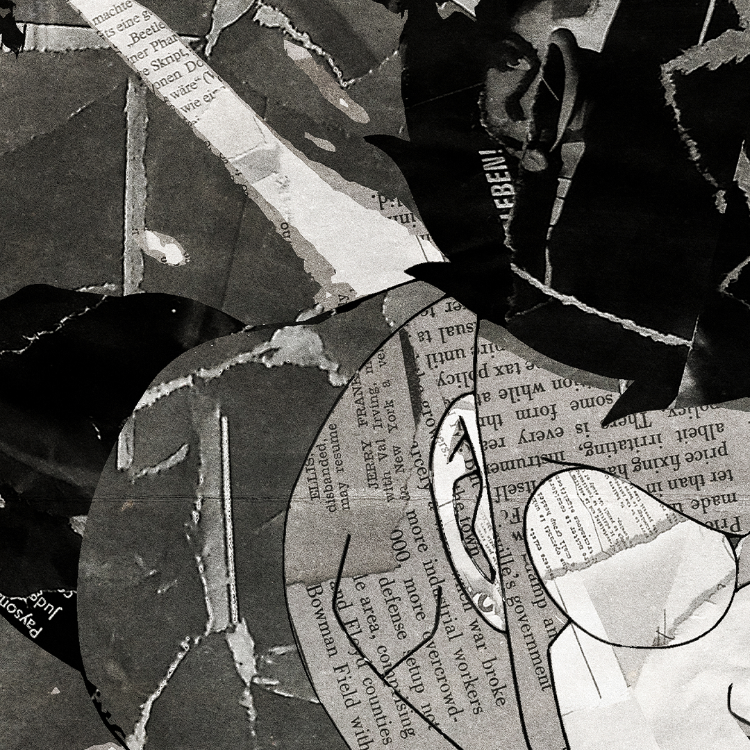 An Invincible poster design - a portrait of Invincible made using a collage of torn pieces of magazine pages in black and white.