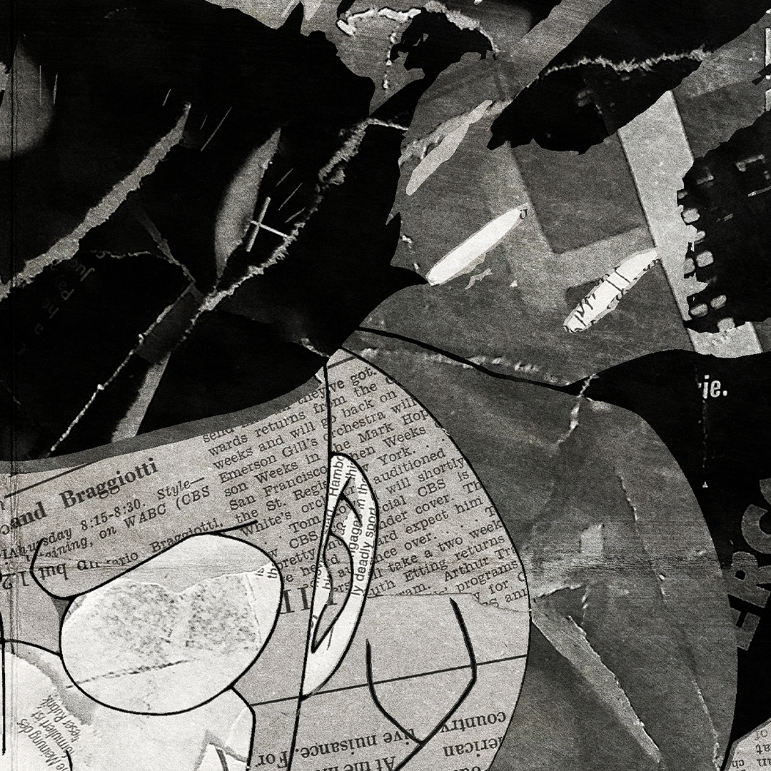 An Invincible poster design - a portrait of Invincible made using a collage of torn pieces of magazine pages in black and white.