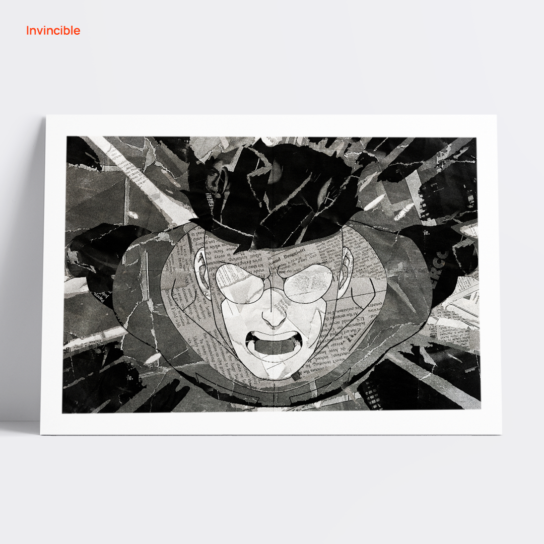 An Invincible poster design - a portrait of Invincible made using a collage of torn pieces of magazine pages in black and white.