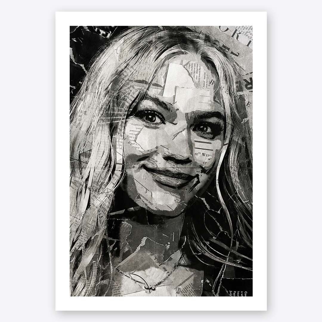 A Freya Skye poster design - a portrait of Freya made using a collage of torn pieces of magazine pages in black and white.