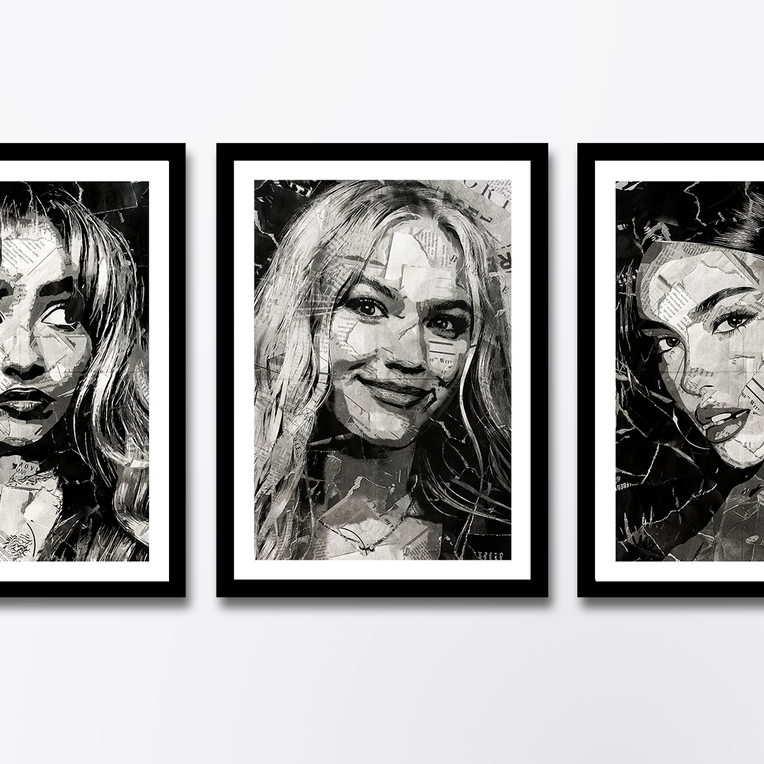 A Freya Skye poster design - a portrait of Freya made using a collage of torn pieces of magazine pages in black and white.