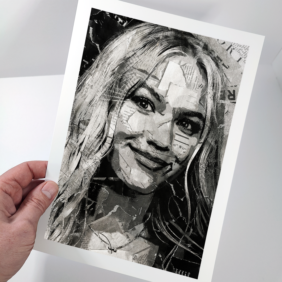 A Freya Skye poster design - a portrait of Freya made using a collage of torn pieces of magazine pages in black and white.