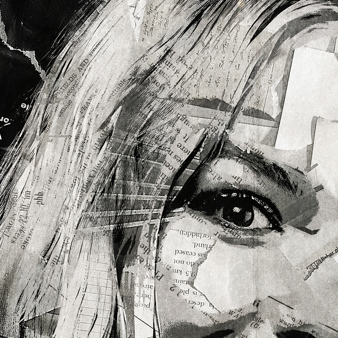 A Freya Skye poster design - a portrait of Freya made using a collage of torn pieces of magazine pages in black and white.