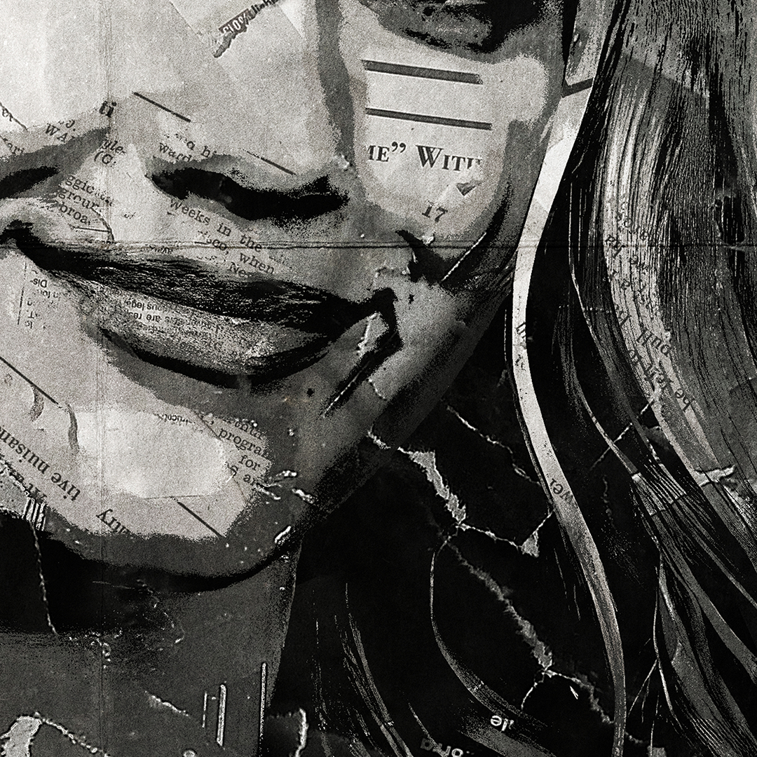 A Freya Skye poster design - a portrait of Freya made using a collage of torn pieces of magazine pages in black and white.