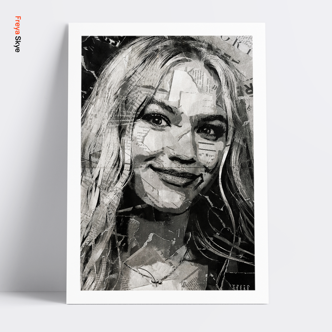 A Freya Skye poster design - a portrait of Freya made using a collage of torn pieces of magazine pages in black and white.
